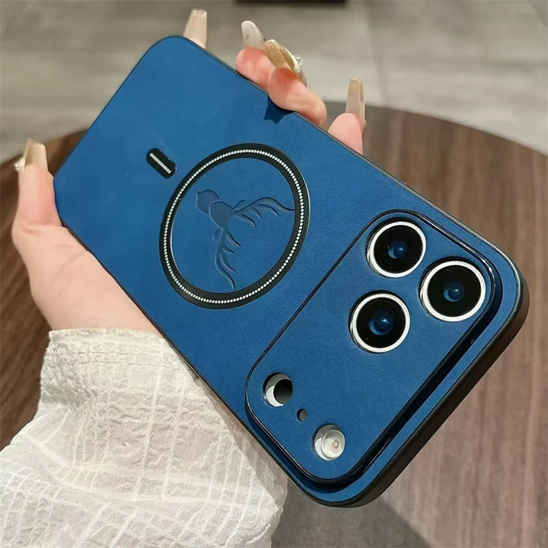 Luxury Deer Head Leather For Magsafe Case For iPhone 17 16 15 14 13 12 11 Pro Max Plus Air Wireless Charging Phone Accessories