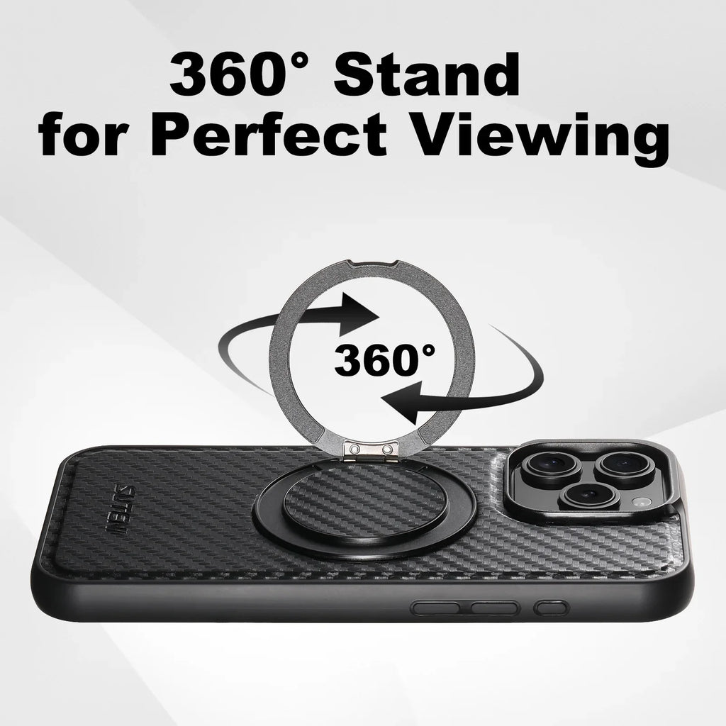 Magnetic Charging Bracket Ring Phone Case for iPhone 16 Pro Max 17 Air 15 Plus 14 13 12 Carbon Firber Texture Leather Back Cover