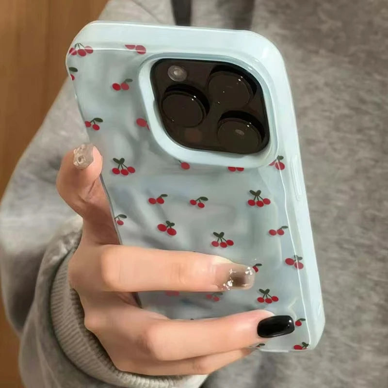 Cute Cherry Folds Texture Phone Case For iPhone 16 15 12 11 Pro Max 13 14 Pro Plus Shockproof Non-Slip Soft Cover Shell Fundas