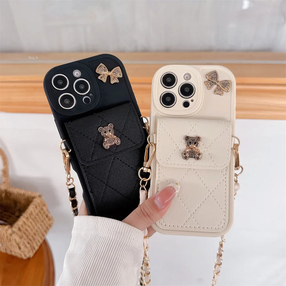 3D Cute Bear Wallet Card Holder Crossbody Lanyard Case For iPhone 17 Air 16 Pro Max 14 12 11 13 15 Plus X XS SE 2020 2022 6 7 8