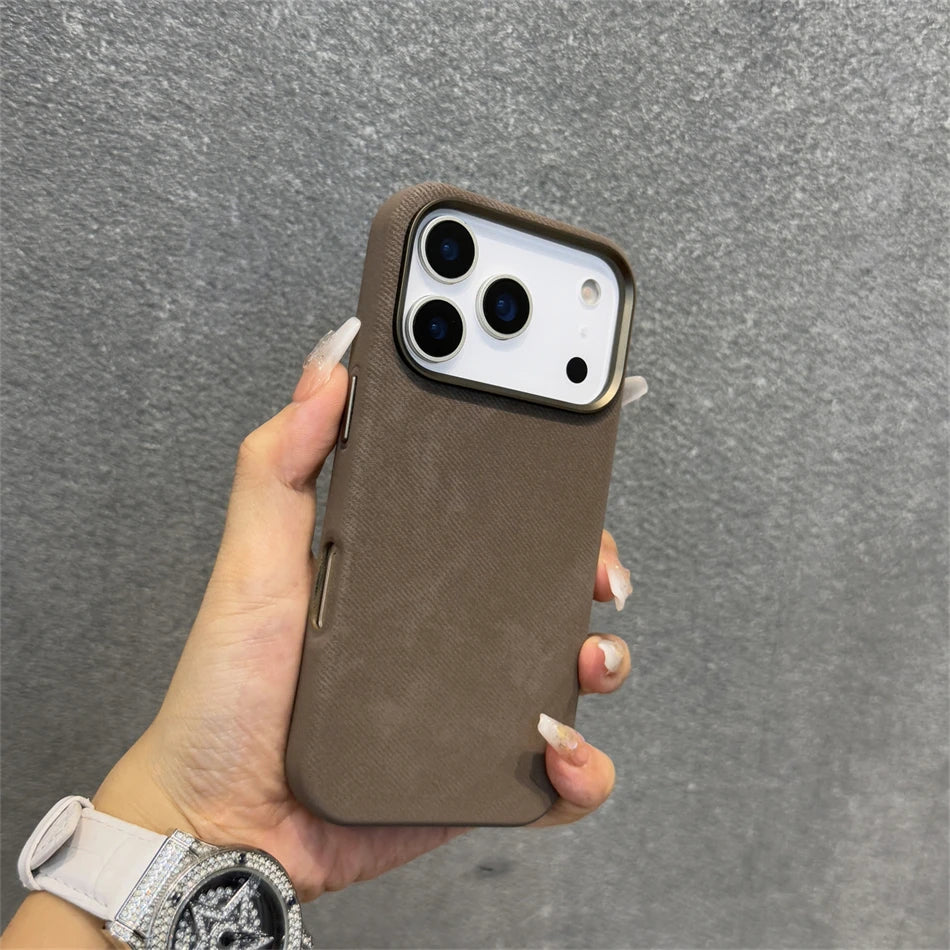 Luxury Alloy Len Frame Fiber Leather Magnetic Case For iPhone 17 16 Pro Max 15 14 13 12 For Magsafe Retro Shockproof Cover Funda