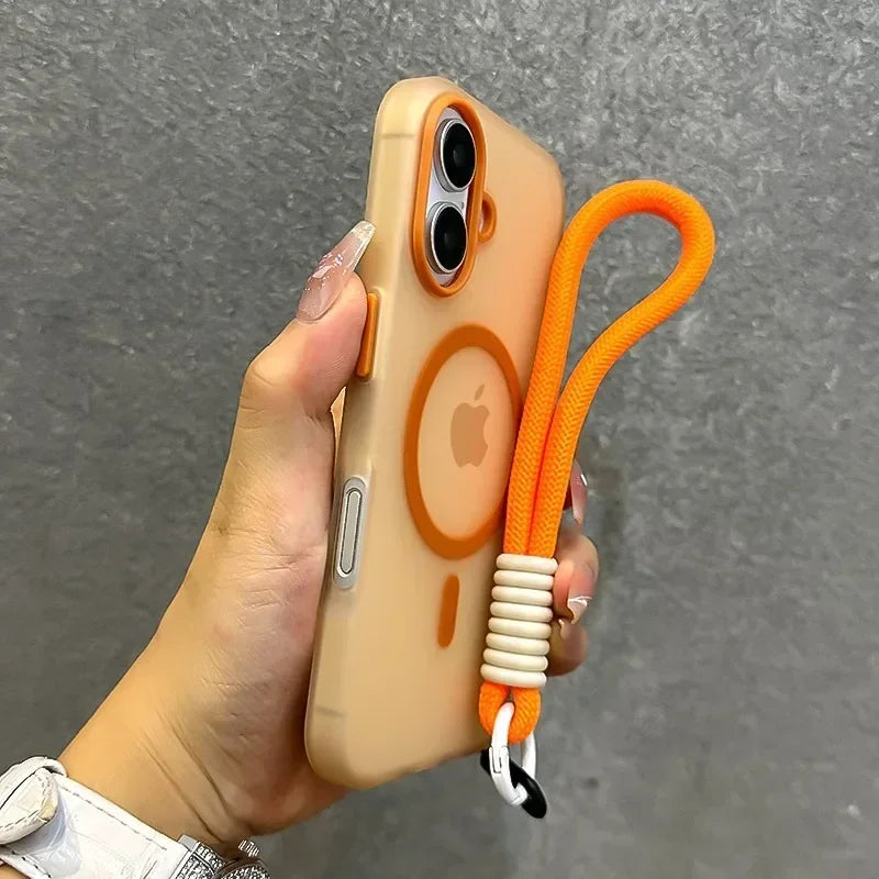 For Magsafe Candy Color Contrast Lanyard Case For iPhone 17 16 15 Pro Max 14 Plus 11 12 13 16e Hand Wrist Strap Matte Soft Cover