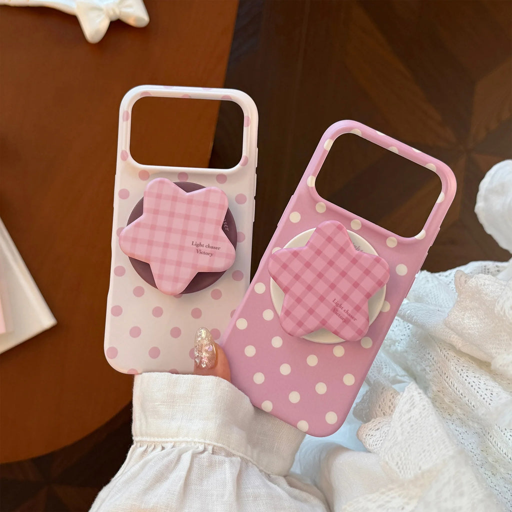 Korean Full Screen Polka Dots With Plaid Stars Magnetic Bracket Phone Case for iPhone 17 16 15 14 Pro Max Shockproof Soft Cover