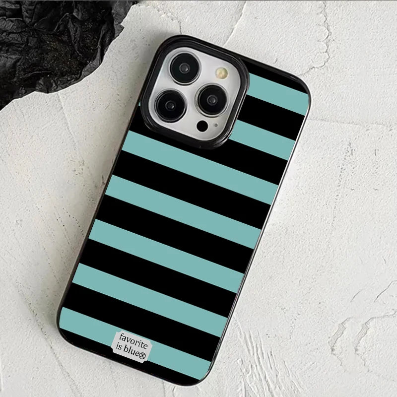 Korean Ins Green Black Striped Phone Case For iPhone 17Air 17 16 15 14 13 12 11 Pro Max 7 8 Plus Mini X XR XS Sweet Y2K Cover