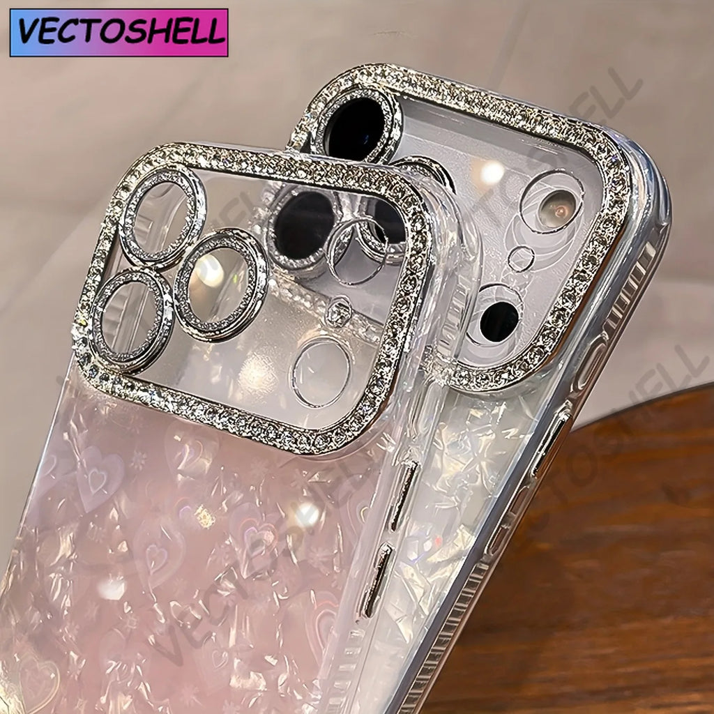 Elegant Glitter Crystal Love Laser shell pattern Phone Case For iphone 17 Air 16 15 14 Plus 13 12 Pro Max Soft Lens film Cover