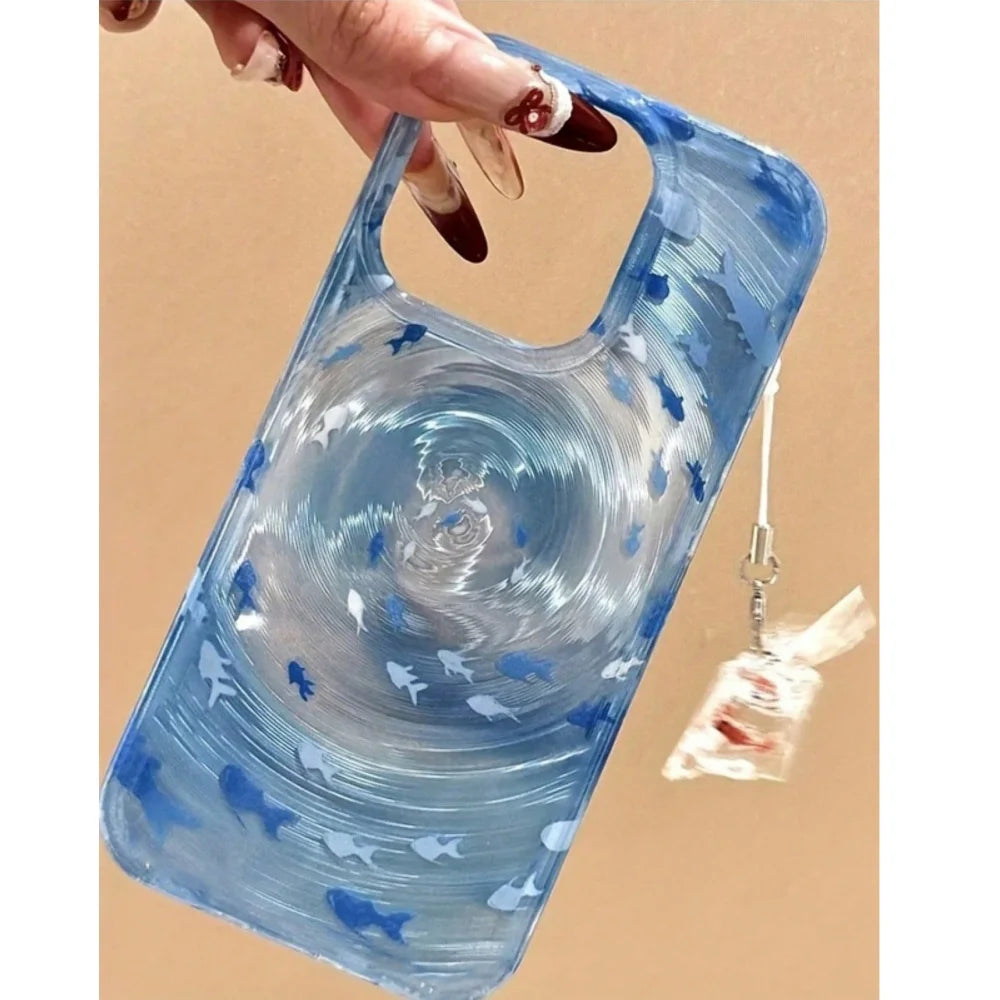 Transparent Blue Vortex Fish Water Ripple Pattern Case For iPhone 15 16 17 Pro Max 13 14 12 11 Glitter Cover With A Koi Pendant