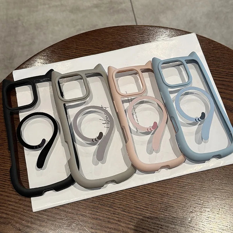 Ins Cute Cat Tail for Magsafe Phone Case For iPhone 17 16 15 14 13 12 Pro Max Air Plus Cat Ear Transparent Shockproof PC Cover