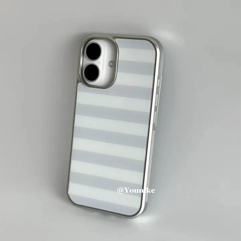 Korean Ins Gray and White Stripes Electroplated Drip Glue Phone Case For iPhone 17 Air 16 Pro Max 15 14 Plus 13 12 11 Back Cover