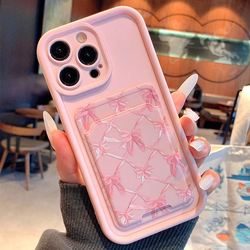 Pink Bow Pattern Card Slot Pocket Phone Case For iPhone 17 Pro Max 16 15 14 13 12 11 Pro 7 8 Plus X XS Shockproof Silicone Cover