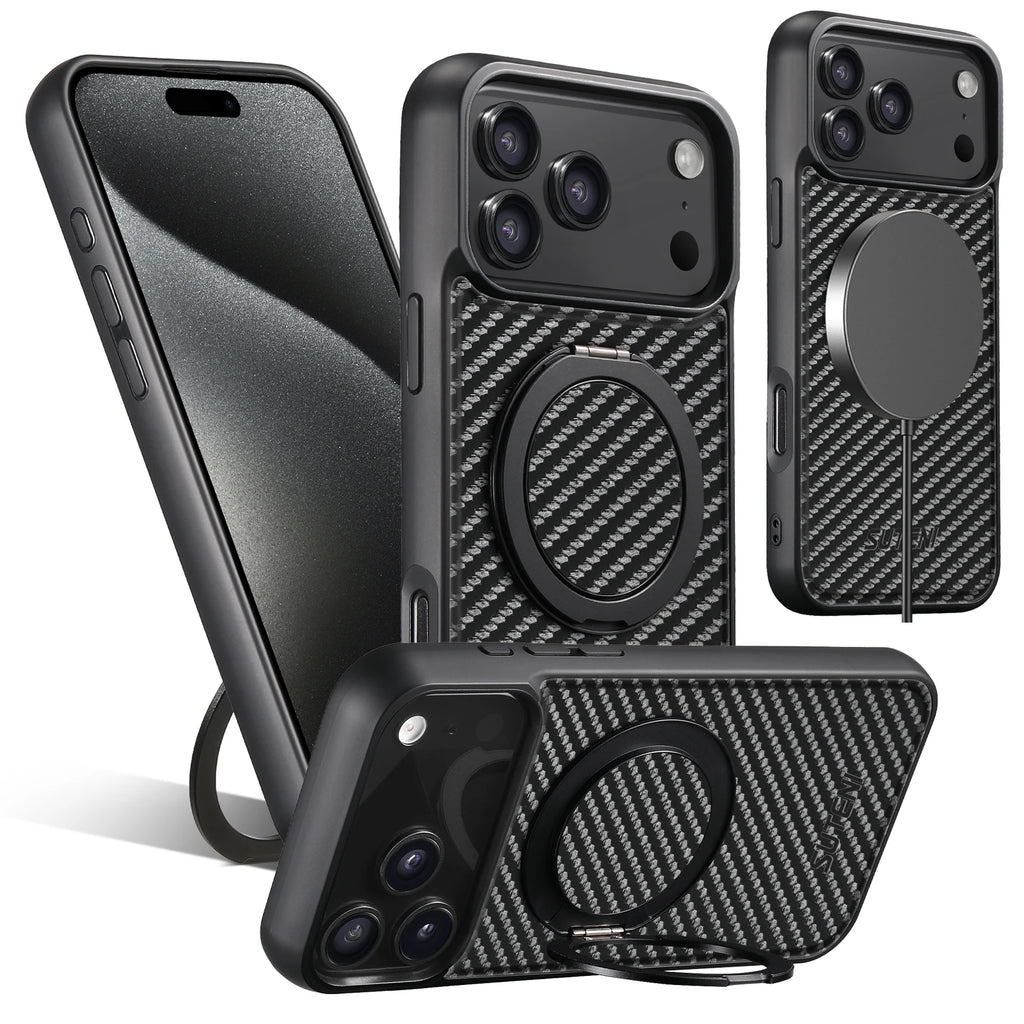 SUTENI Magnet Wireless Charging Mobile Phone Case 360° Rotating Stand Faux Leather Ring Buckle For iPhone 17 Pro Max 16 Plus 15