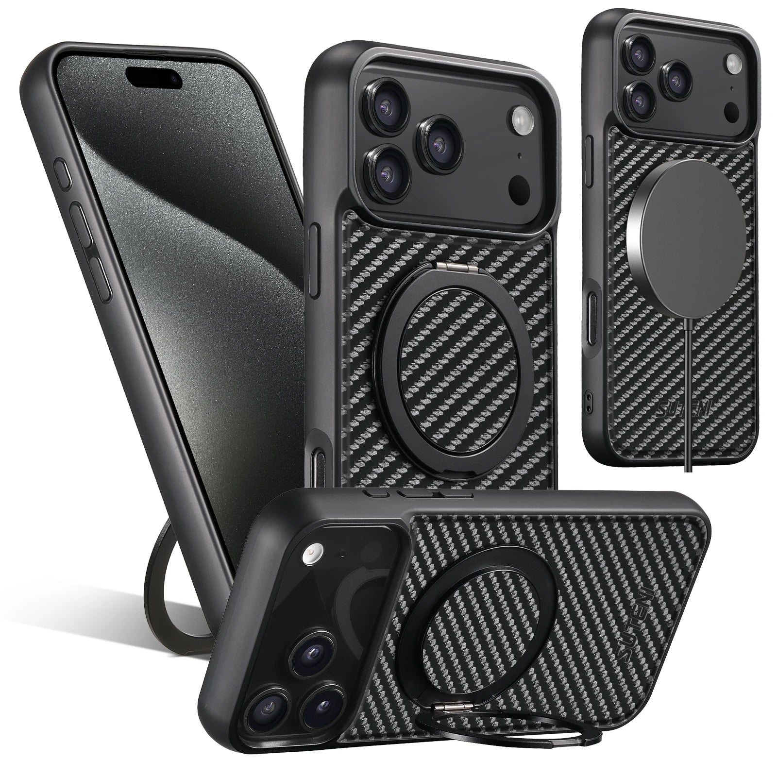 SUTENI Magnet Wireless Charging Mobile Phone Case 360° Rotating Stand Faux Leather Ring Buckle For iPhone 17 Pro Max 16 Plus 15