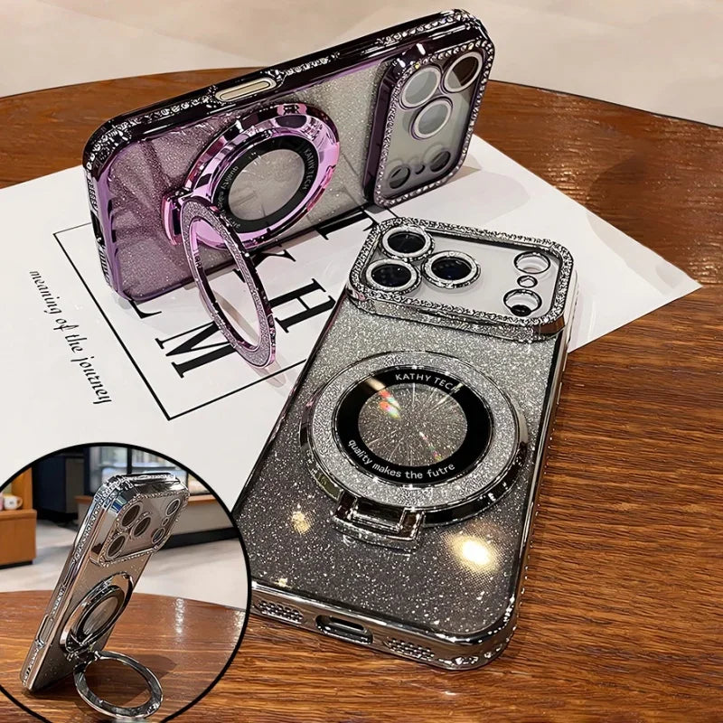 Plating For Magsafe Magnetic Stand Holder Rhinestones Case For iPhone 17 Pro Max 16 11 12 13 14 15 Plus Diamond Bumper Cover