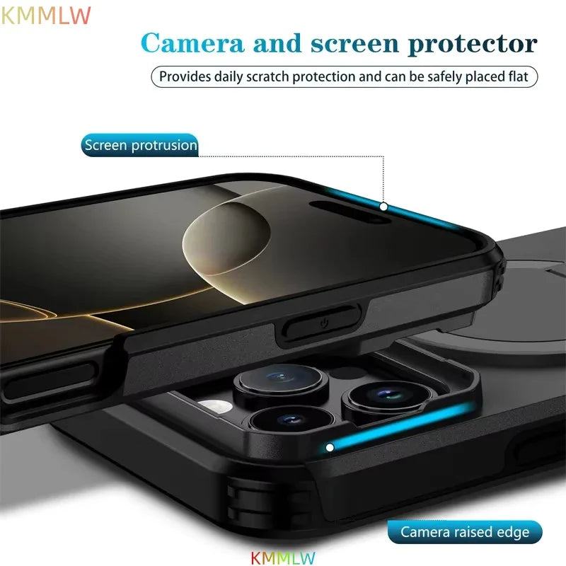 Lens Protect Camera Phone Case for iPhone 13 14 15 16 Pro Max 15Plus 16Plus 14Plus 16e 16 15 14 Pro 17 Magnetic Kickstand Cover