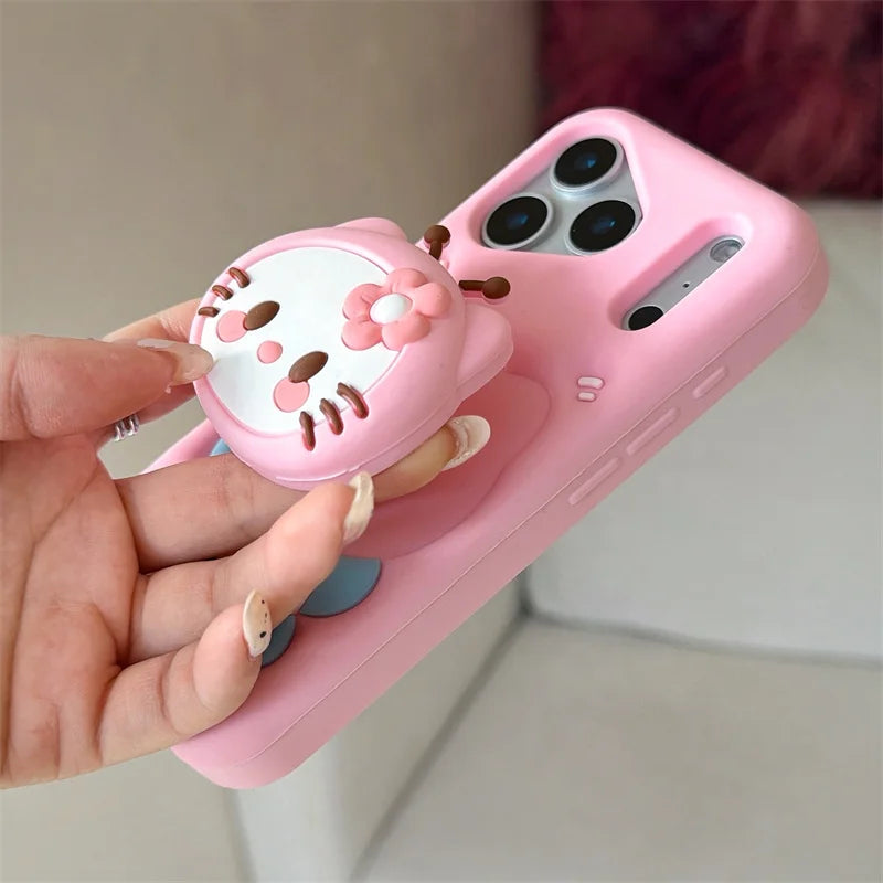 For iPhone 17 16 15 14 13 12 11 Pro Max Plus Sanrio Cute 3D Cartoon Bee Hello Kitty Phone Case Stand Holder Silicone Cover