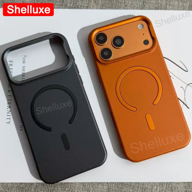 For iPhone17 ProMax Leather Magnetic Phone Case Shelluxe For iPhone 17 Air 16 15 14 13 12 Pro Max Cases Lens Metal-Frame Cover