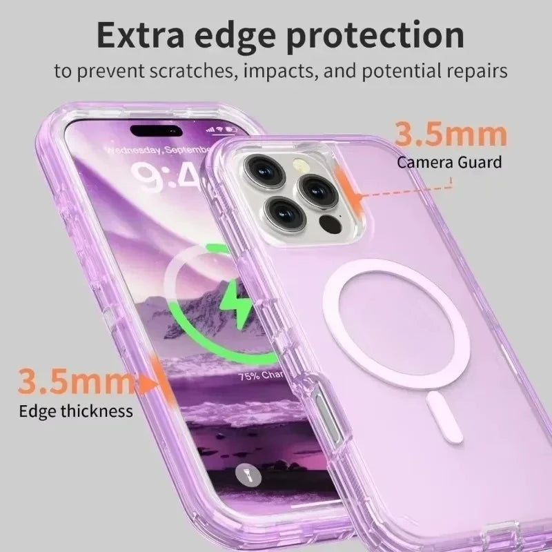 Rugged OTT Armor Magnetic Wireless Charging Clear Case for IPhone 17 Air 16 15 14 Plus 13 12 Pro Max Enhanced Shockproof Cover