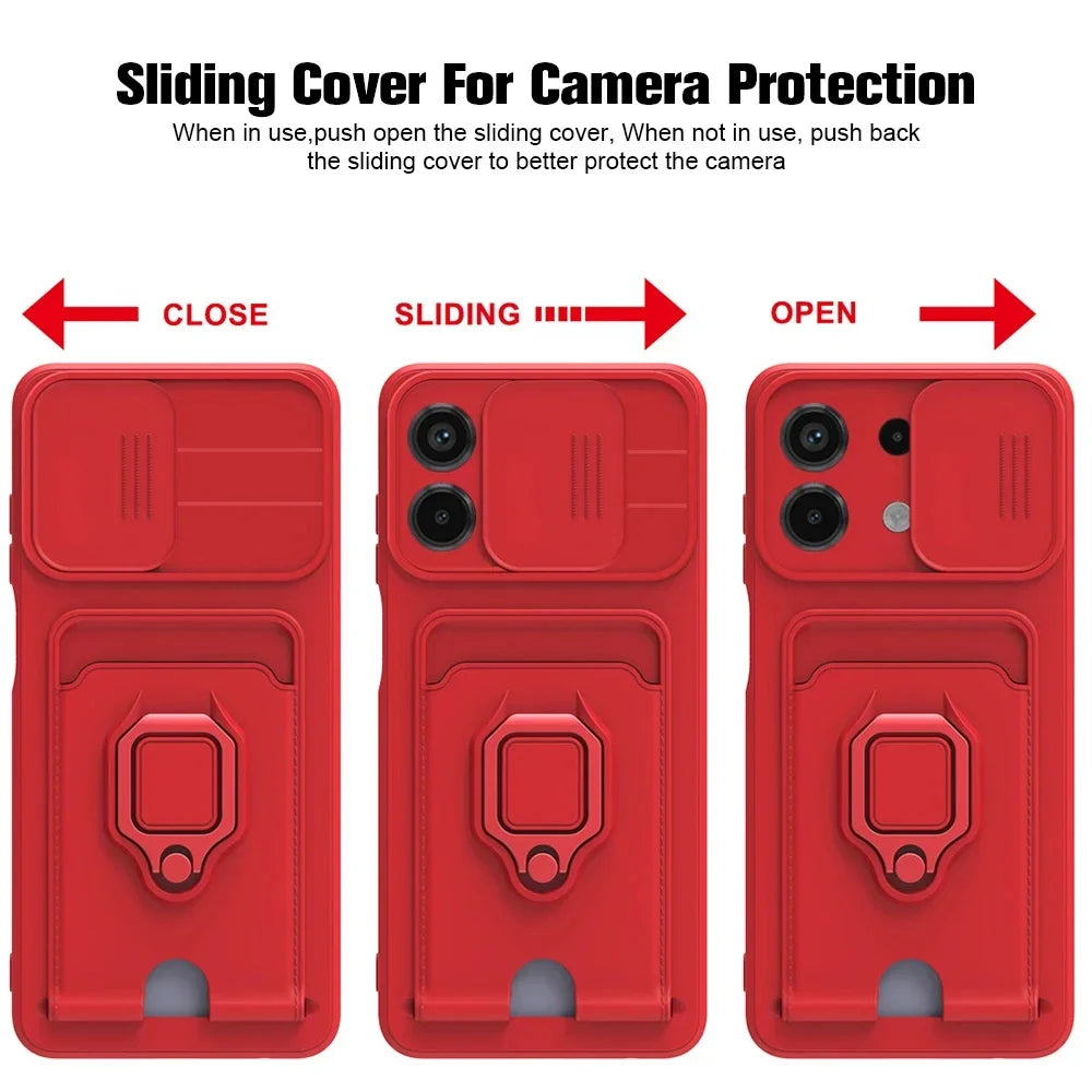 Slide Camera Ring Holder Case For Xiaomi Redmi Note 13 Pro 12 11S 10S 10 11 Pro Plus Redmi 13C 12C 12 10C 10A 10 Silicone Cover