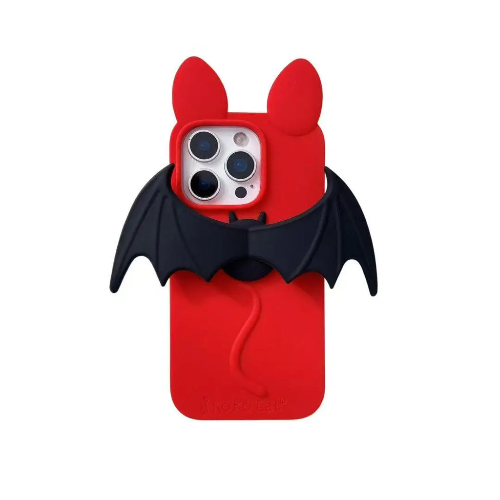 Cute 3D Cartoon Red Bat Case For iPhone 17 16 15 14 13 12 Pro Max 17ProMax With Wing Stand Holder Anti Fall Silicone Cover