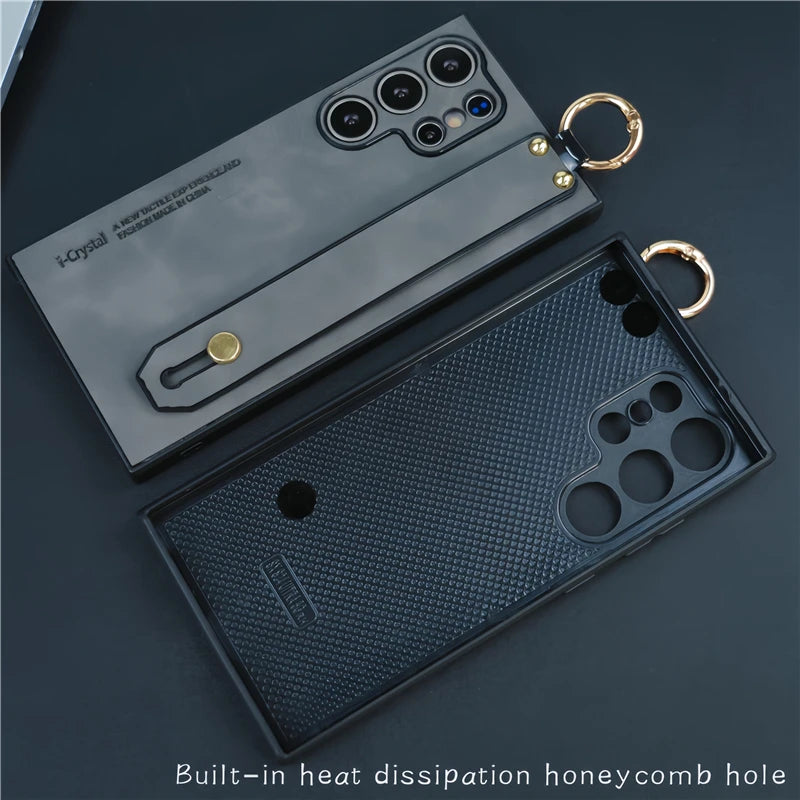 Suede Lambskin Leather Wrist Strap Phone Case For Samsung S26 Ultra S24 S23 S22 S21 Plus Shockproof Cover For Samsung S25 Ultra