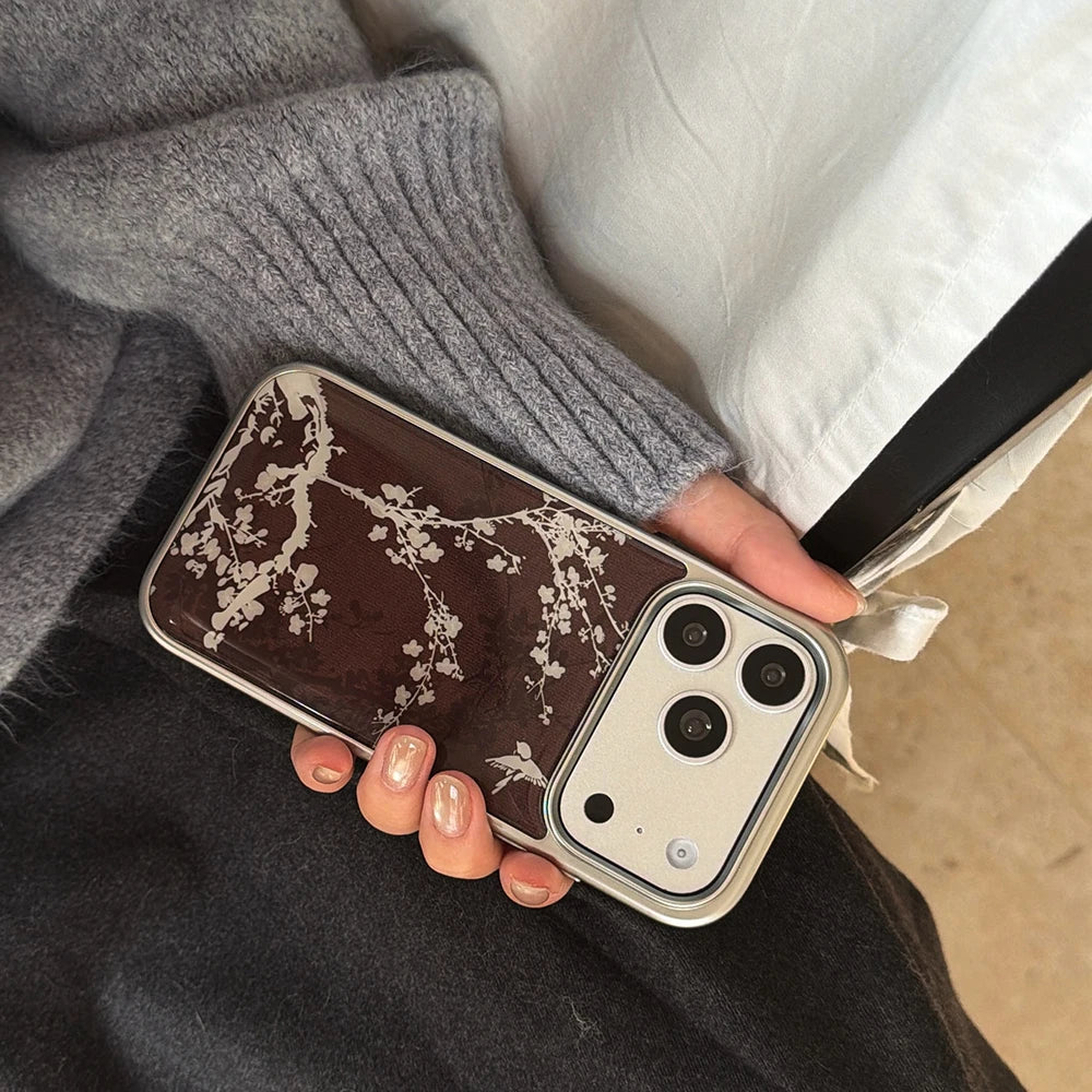Elegant Brown with White Floral Pattern Stylish Case for iPhone 17 16 15 14 17ProMax 13 Electroplated Drop Glue Shockproof Cover