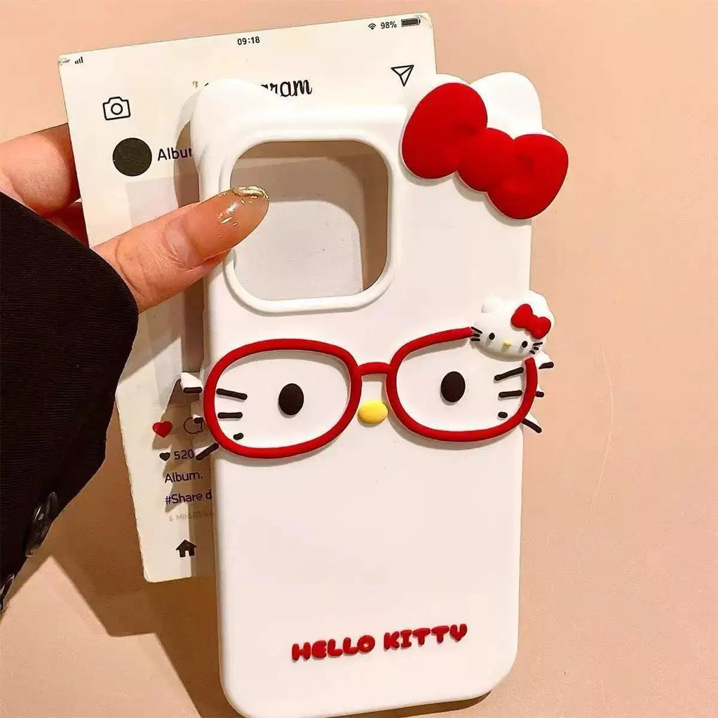 Hello Kitty 3D Glasses Cat Shockproof Silicone Phone Shell for IPhone17 Pro Max 16 15 Plus 14 13 Mini 12 11 4 4S 5 5S 7 8 Series