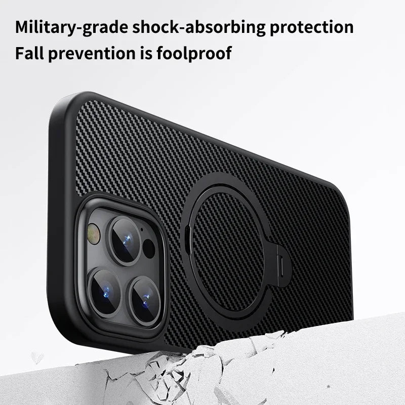 360° Ring Holder Carbon fiber Magnetic phone Case for iPhone 12 13 15 14 16 Pro max Wireless Charging Stand Suitable Phone Cover