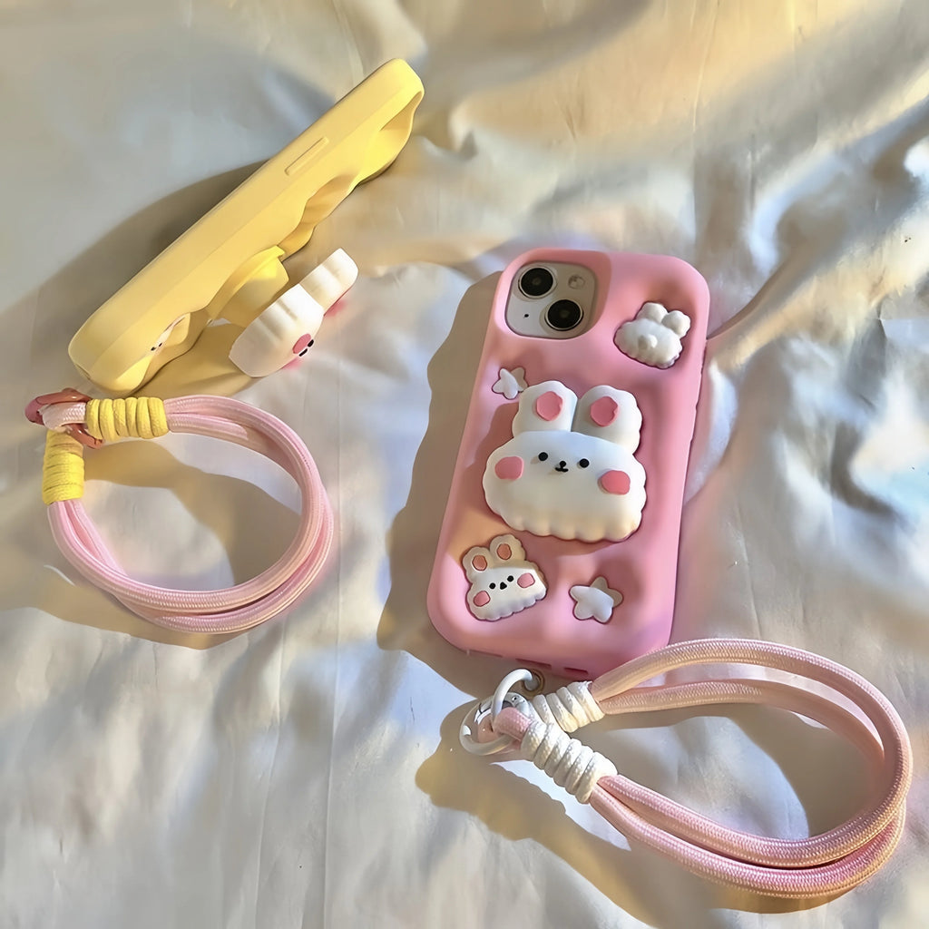 3D Animal Cartoon Rabbit Silicone Phone Case for iPhone 16 15 14 13 12 Pro Max 11 Soft Cover with Wrist Strap&Folding Holder