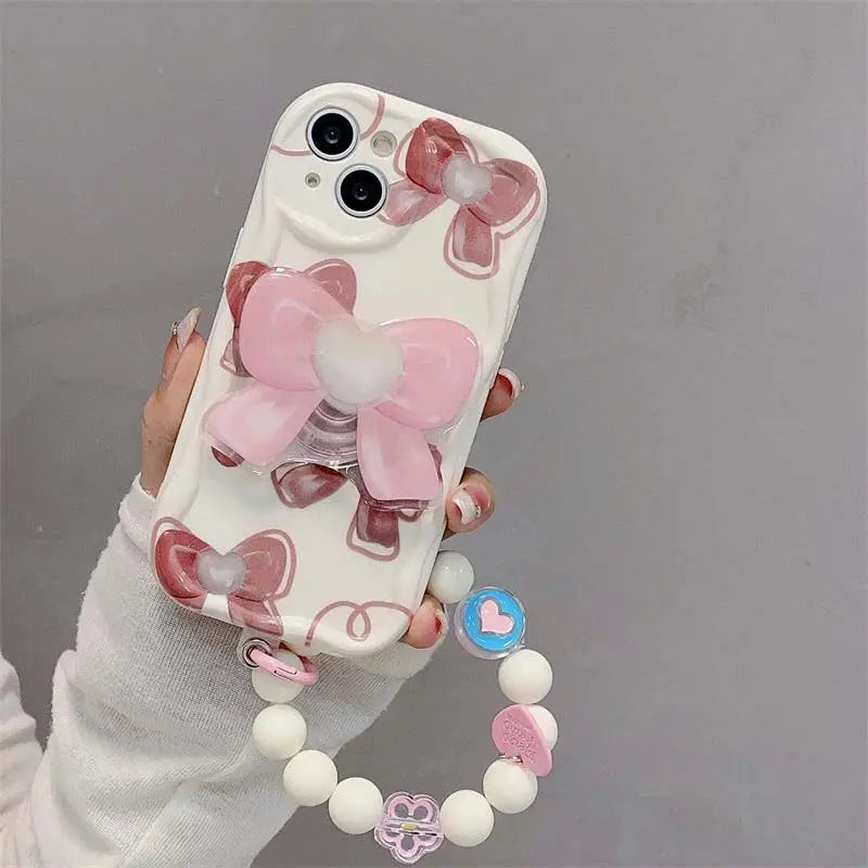 Flower Bow Chain Holder Phone Case For Samsung Galaxy S25 Ultra S24 S23 S22 S21 Ultra Plus S24 FE A55 A06 A35 A12 Casing Floral