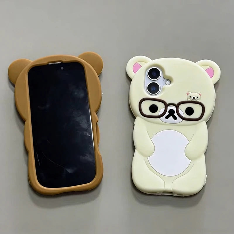 Lovely 3D Cartoon Glasses Bear Phone Case For iPhone SE 2 3 7 8 Plus 11 12 13 14 15 16 Pro Max