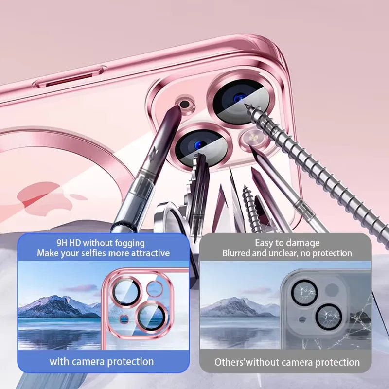 Clear Plating Ultrathin Silicone Case For iPhone 16 15 14 13 12 11 Pro Max 16 Plus Magsafe Magnetic Lens Film Protect Cover Pink