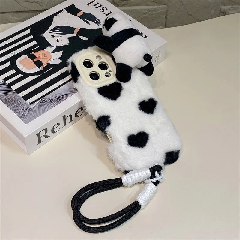 3D Cartoon Panda Doll Plush Phone Case For iPhone 17 Air 16 15 14 13 12 11 Pro Max With Wrist Strap Shockproof Protective Cover