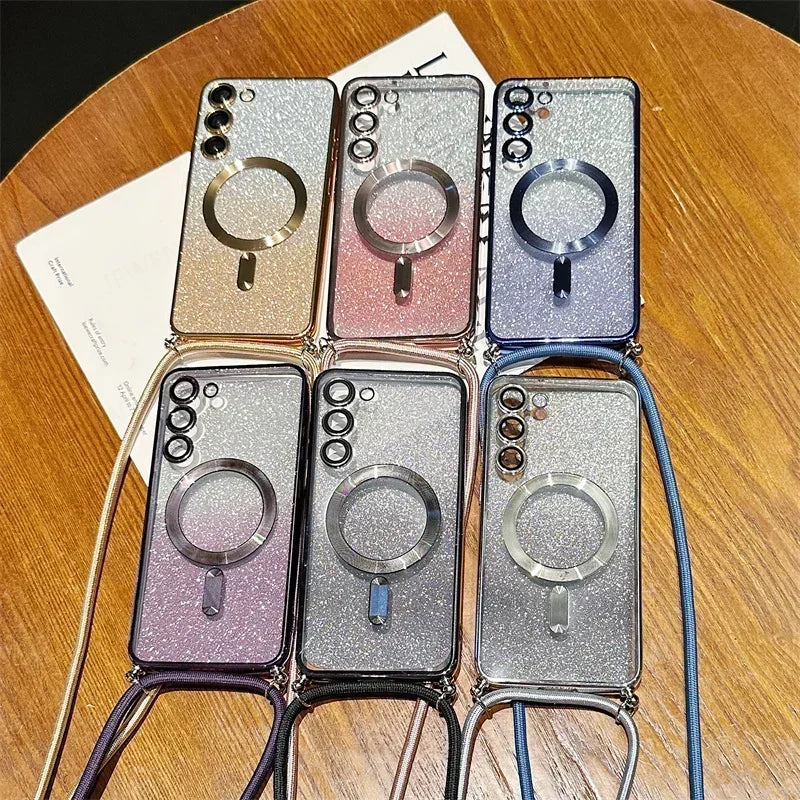 Crossbody Lanyard Glitter Case For Samsung Galaxy S26 S25 Edge S24 S23 S21 FE S22 Ultra Plus For Magsafe Magnetic Soft TPU Cover