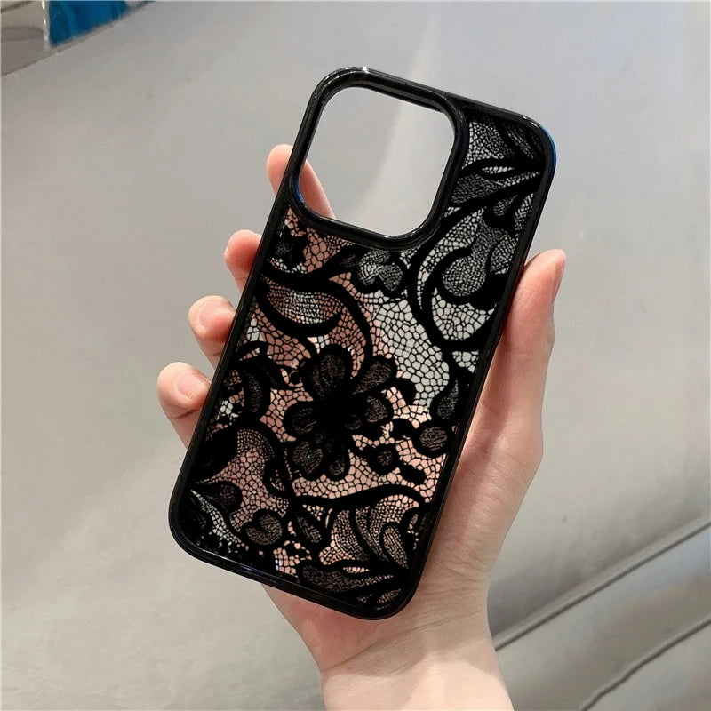 Vintage Luxury Black Lace Phone Case for iPhone 17 16 15 14 13 11 12 Pro Max 16E 17Air X XR XS 7 8 Plus SE 2022 Protective Cover