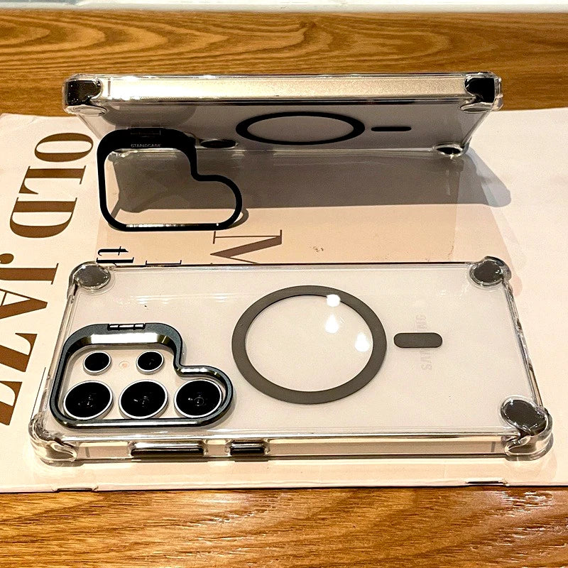 Luxury Transparent Case For Samsung Galaxy S25 S24 S23 S22 Ultra Plus A17 A56 A36 A16 A26 FE For Magsafe Magnetic Stand Cover