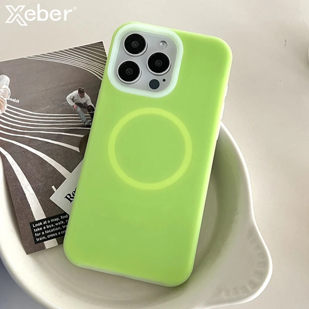 Fluorescent For Magsafe Liquid Silicone Phone Case For iPhone 15 14 11 12 13 16 17 Pro Max Shockproof Candy Colour Jelly Cover