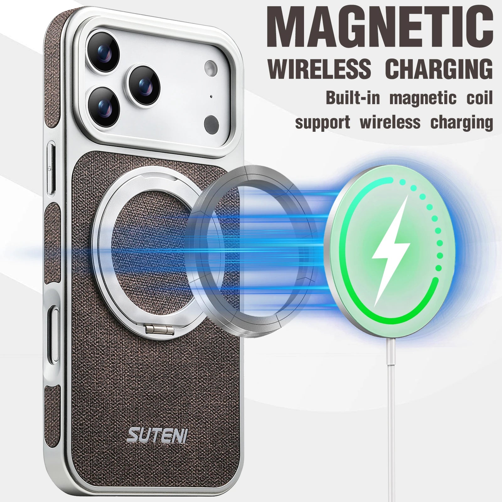 SUTENI Faux Leather Magnet Wireless Charging Phone Case 360° Rotating Stand Ring Buckle Frosted Feel For iPhone 17 Pro Max 16 15