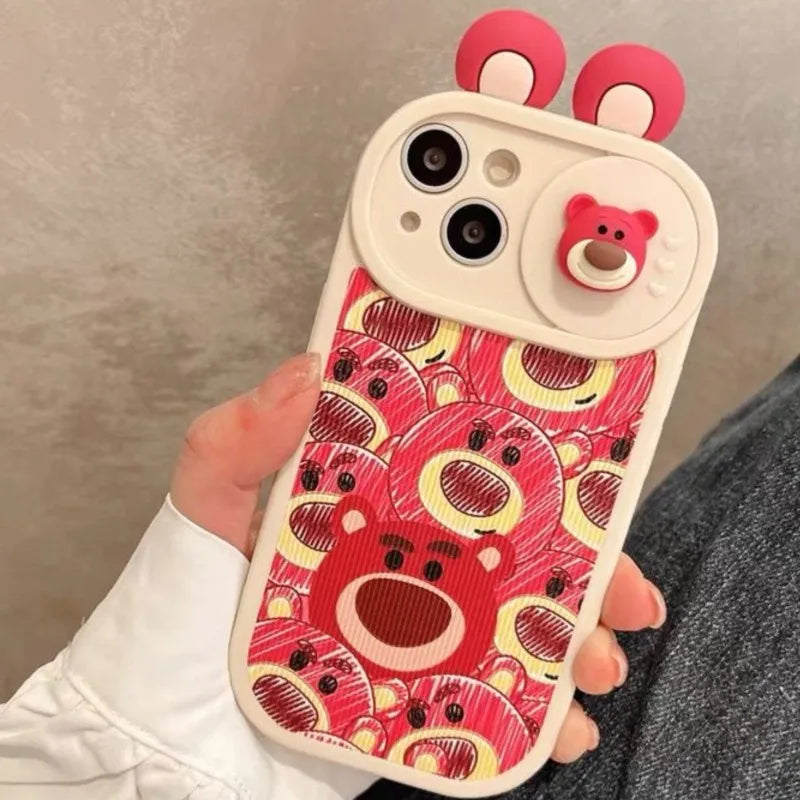 Disney Kawaii 3D Lotso Bear Slide Lens Cover Phone Case for iPhone 11 12 13 14 15 16 Pro Max Cute Pink Cover