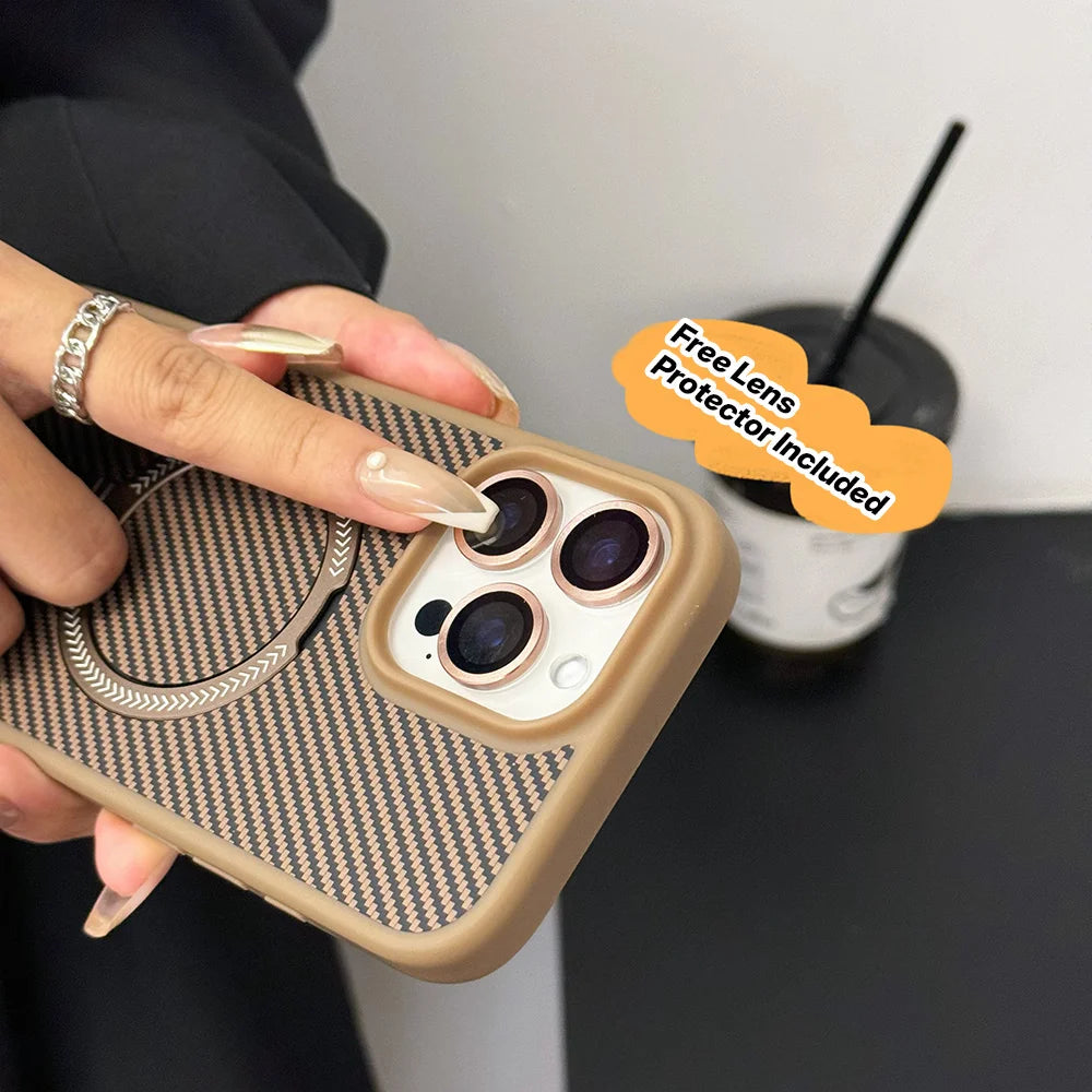 Carbon Fiber Texture For Magsafe Magnetic Bracket Phone Case For iPhone 17 11 12 13 14 15 16 Pro Max Glass Lens Protector Cover