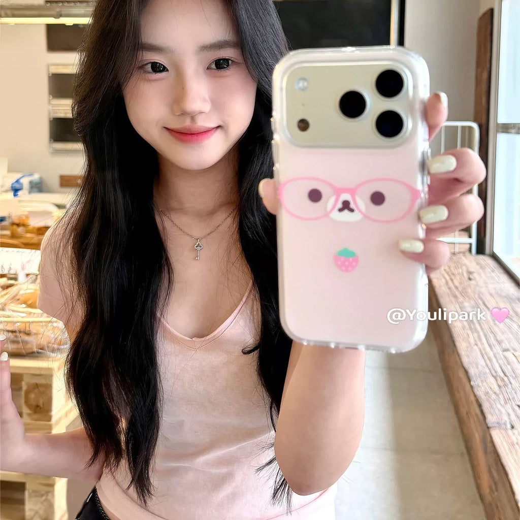 Ins Korean Soft Cute Cream Powder Strawberry Glasses Bear Phone Case For IPhone 17 Air 16 15 14 13 12 11 Pro Max Plus Y2K Cover