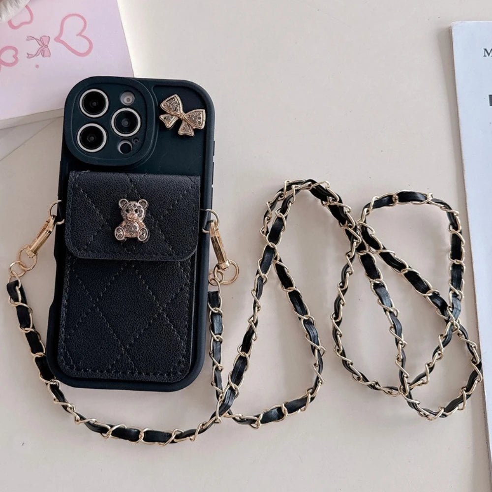 3D Cute Bear Wallet Card Holder Crossbody Lanyard Case For iPhone 17 Air 16 Pro Max 14 12 11 13 15 Plus X XS SE 2020 2022 6 7 8