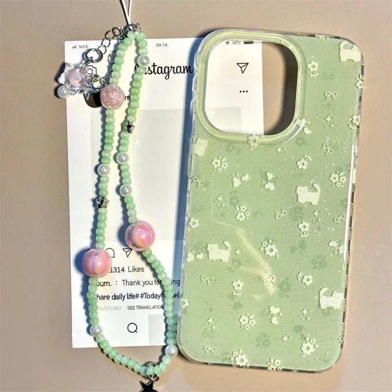 Crystal transparent white light IND matcha green floral cat phone case with bead chain for iPhone 11 12 13 14 15 16 17 Pro max