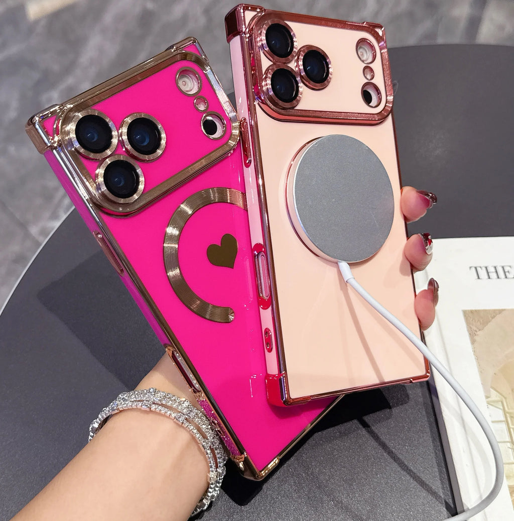 For iPhone 17 Pro Max Plating Heart Cases For iPhone 16 Pro Max 15Pro 14 Plus 13Pro Magnetic Wireless Charging Soft Phone Case