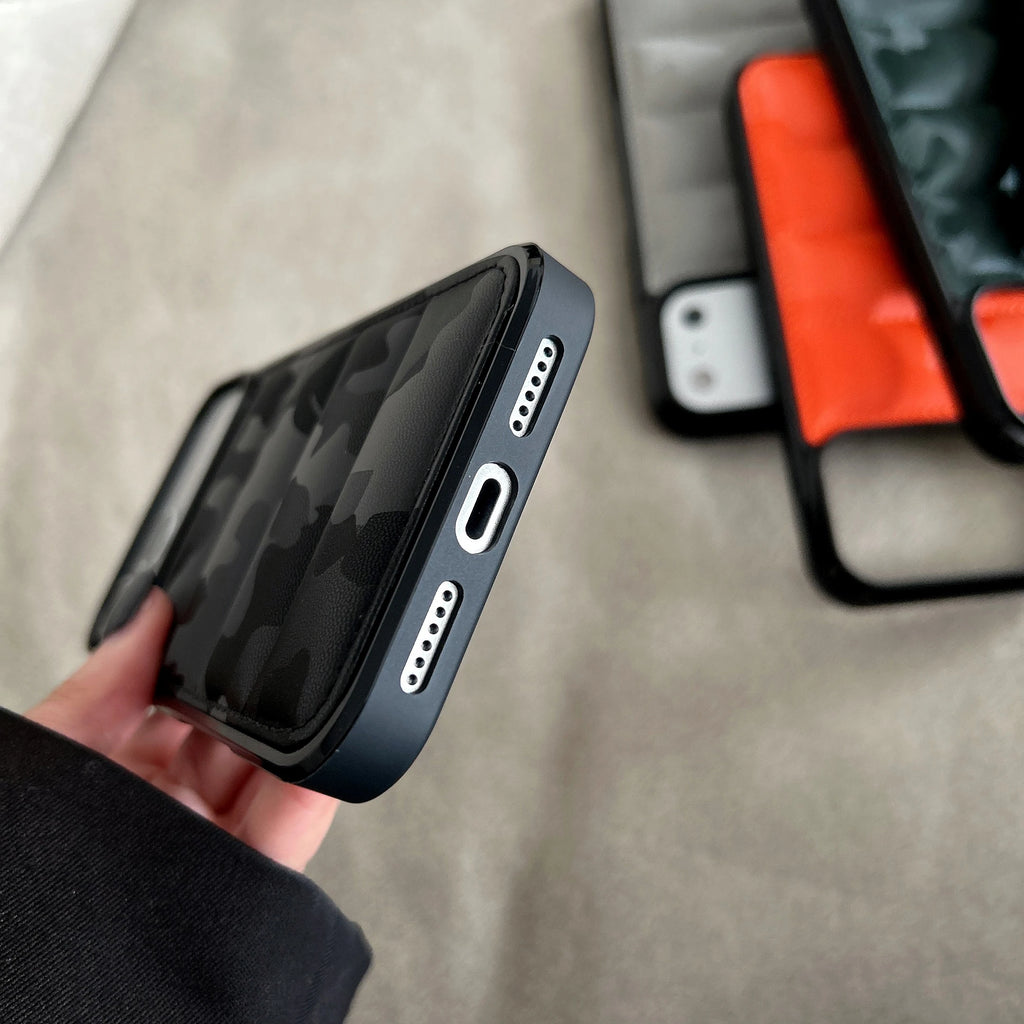 3D Camouflage Down Jacket Phone Case for iPhone 17 Air 16 15 14 13 Pro Max Plus 13Mini Air-cushion Shockproof Soft Fabric Cover