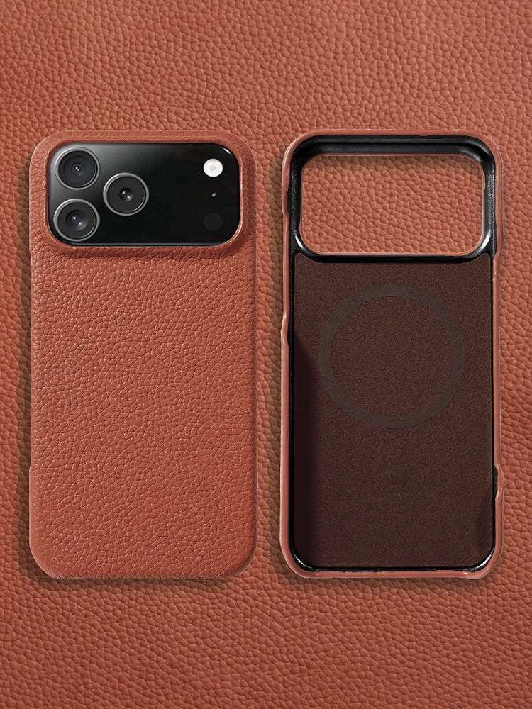 Lychee Natural Cowhide Leather for Magsafe Case for iPhone 17 Air 15 16 Pro Max 17Pro Magnetic Protector Luxury Phone Back Cover