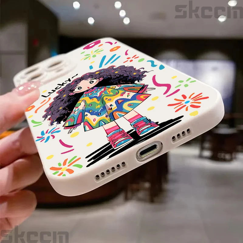 Cute Cartoon Little Girl Printed Silicone Phone Case For iPhone 16 Pro Max 15 14 13 12 11 7 8 Plus XR X XS 16E Soft Cover