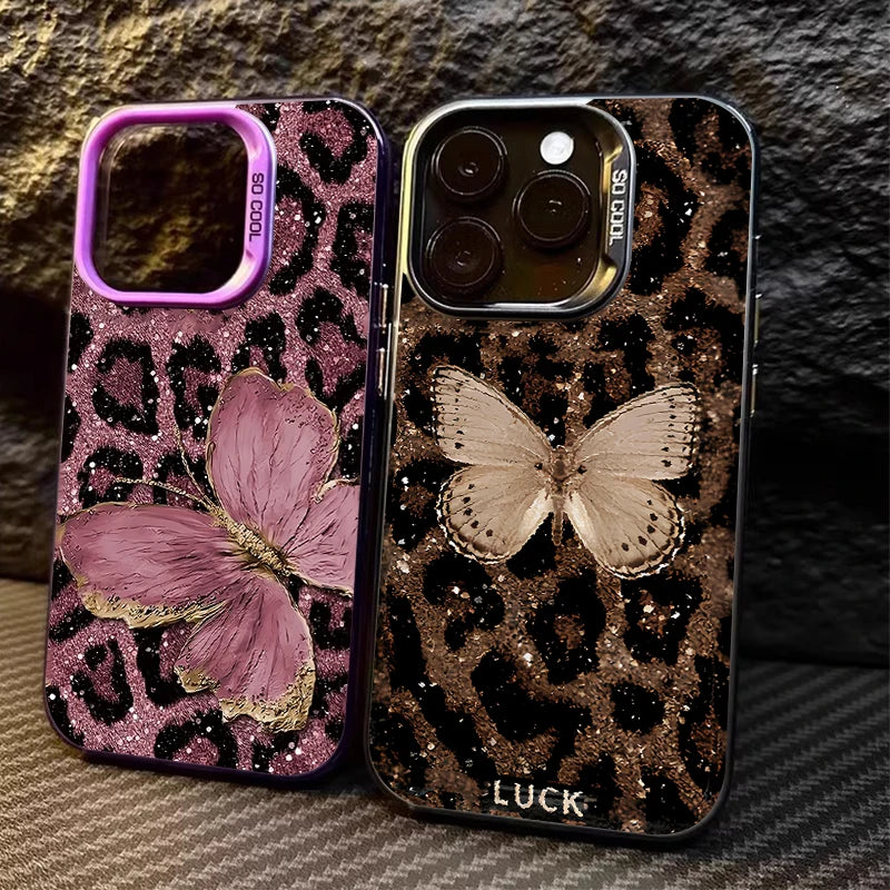 Butterfly Leopard Print Phone Case for IPhone 17 16 15 14 13 12 11 Pro Max Plus 17 Air 16E X XR XS Max Plating Shockproof Cover