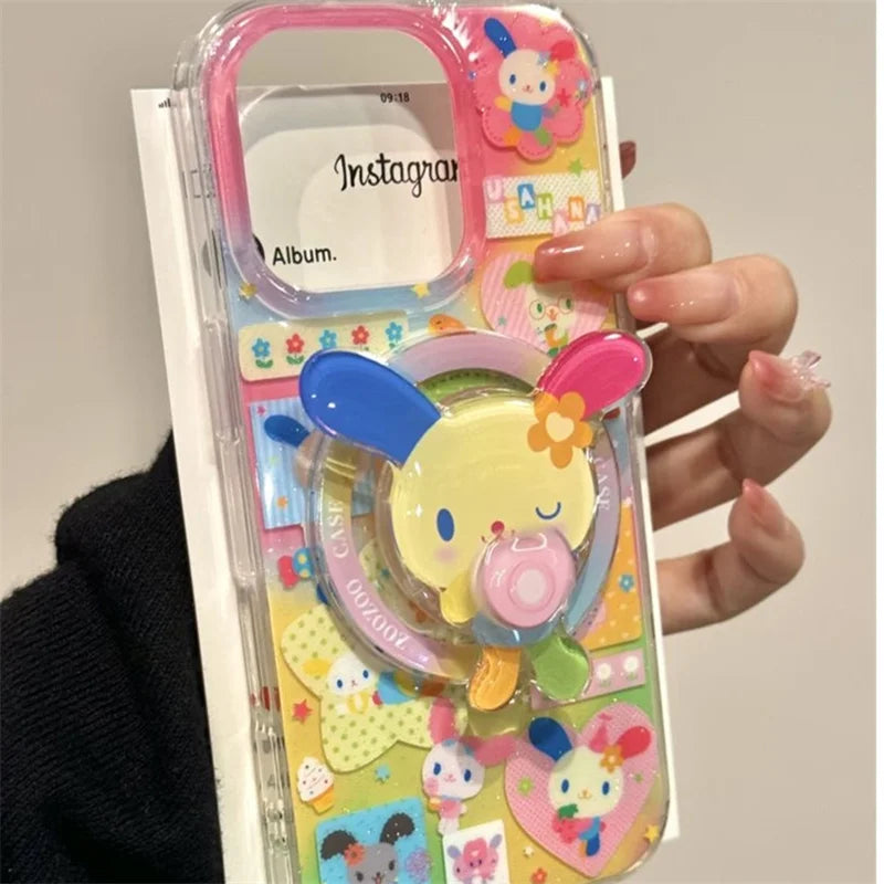 Magnetic color splicing color ear rabbit phone case with rotating magnetic bracket for iPhone 11 12 13 14 15 16 17 pro max
