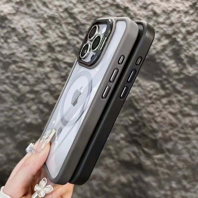 Luxury Stand Glass Lens Protection For Magsafe Phone Case For iPhone 17 Air 16 15 14 Plus 13 12 11 Pro Max 16e Magnetic Cover
