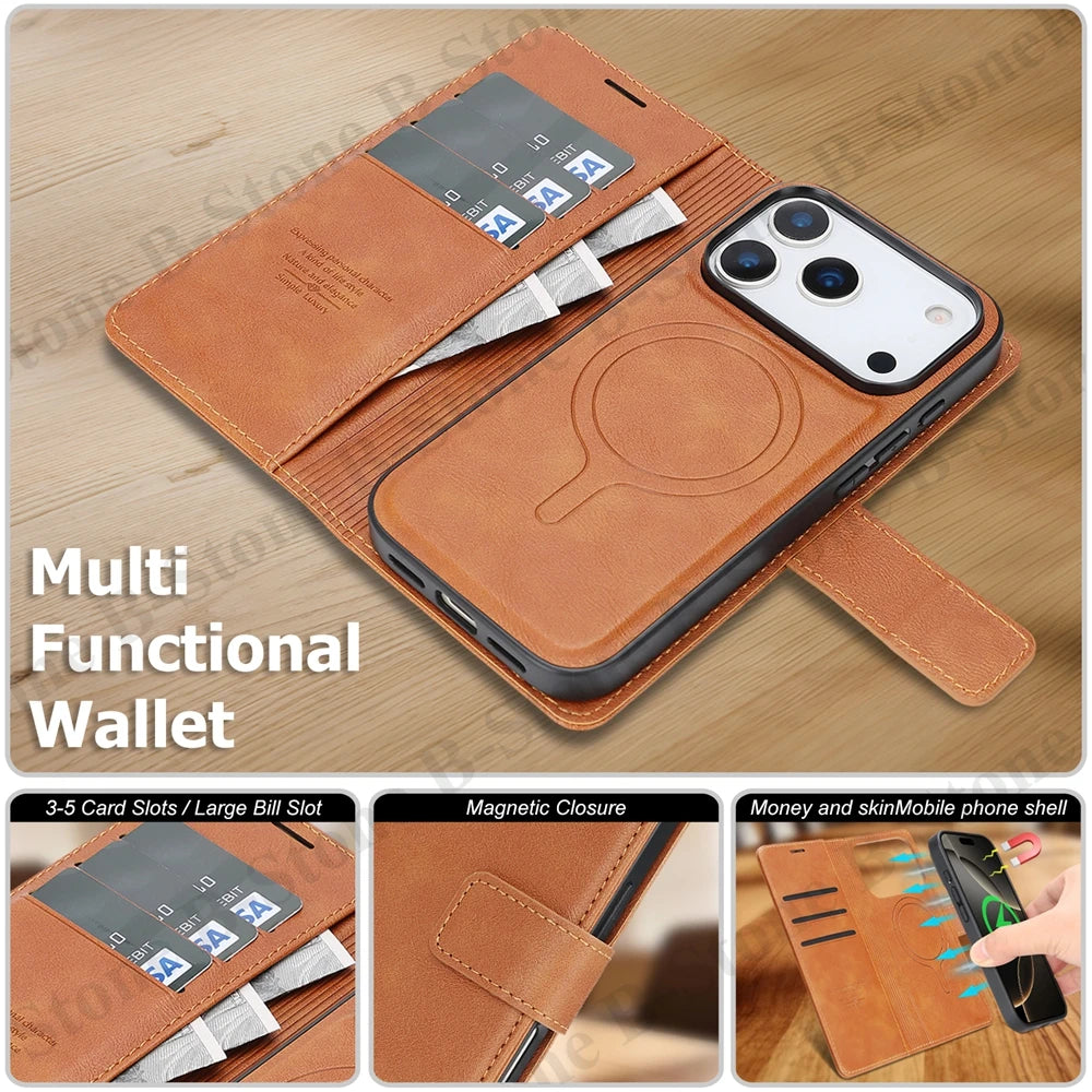 2 In 1 Leather Flip Case for Iphone 17 Promax 16 Pro Max 15 Plus 14 13 12 17E 16E Pm Magnetic Cash Card Holder Wallet Phone Case