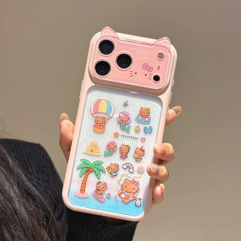 Cute 3D Cat Ears Beach Hello Kittty Lens Protection Phone Case For iPhone 17 Pro Max 16 15 Pro Max Shockproof Hard Acrylic Cover